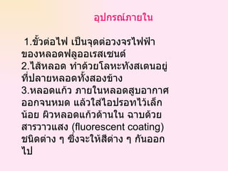 อุปกรณ์ภายใน 1. ขั้วต่อไฟ เป็นจุดต่อวงจรไฟฟ้าของหลอดฟลูออเรสเซนต์  2. ไส้หลอด ทำด้วยโลหะทังสเตนอยู่ที่ปลายหลอดทั้งสองข้าง  3. หลอดแก้ว ภายในหลอดสูบอากาศออกจนหมด แล้วใส่ไอปรอทไว้เล็กน้อย ผิวหลอดแก้วด้านใน ฉาบด้วยสารวาวแสง  ( fluorescent coating )  ชนิดต่าง ๆ ซึ่งจะให้สีต่าง ๆ กันออกไป  