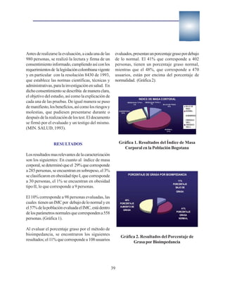 Antes de realizarse la evaluación, a cada una de las     evaluados, presentan un porcentaje graso por debajo
980 personas, se realizó la lectura y firma de un        de lo normal. El 41% que corresponde a 402
consentimiento informado, cumpliendo así con los         personas, tienen un porcentaje graso normal,
requerimientos de la legislación colombiana vigente      mientras que el 48%, que corresponde a 470
y en particular con la resolución 8430 de 1993,          usuarios, están por encima del porcentaje de
que establece las normas científicas, técnicas y         normalidad. (Gráfica 2).
administrativas, para la investigación en salud. En
dicho consentimiento se describía de manera clara,
el objetivo del estudio, así como la explicación de
cada una de las pruebas. De igual manera se puso
de manifiesto, los beneficios, así como los riesgos y
molestias, que pudiesen presentarse durante o
después de la realización de los test. El documento
se firmó por el evaluado y un testigo del mismo.
(MIN. SALUD, 1993).


                 RESULTADOS                                  Gráfica 1. Resultados del Índice de Masa
                                                               Corporal en la Población Bogotana
Los resultados mas relevantes de la caracterización
son los siguientes: En cuanto al índice de masa
corporal, se determinó que el 29% que corresponde
a 285 personas, se encuentran en sobrepeso, el 3%
se clasificaron en obesidad tipo I, que corresponde
a 30 personas, el 1% se encuentran en obesidad
tipo II, lo que corresponde a 9 personas.

El 10% corresponde a 98 personas evaluadas, las
cuales tienen un IMC por debajo de lo normal y en
el 57% de la población evaluada el IMC, está dentro
de los parámetros normales que corresponden a 558
personas. (Gráfica 1).

Al evaluar el porcentaje graso por el método de
bioimpedancia, se encontraron los siguientes
                                                             Gráfica 2. Resultados del Porcentaje de
resultados; el 11% que corresponde a 108 usuarios
                                                                   Grasa por Bioimpedancia




                                                        39
 