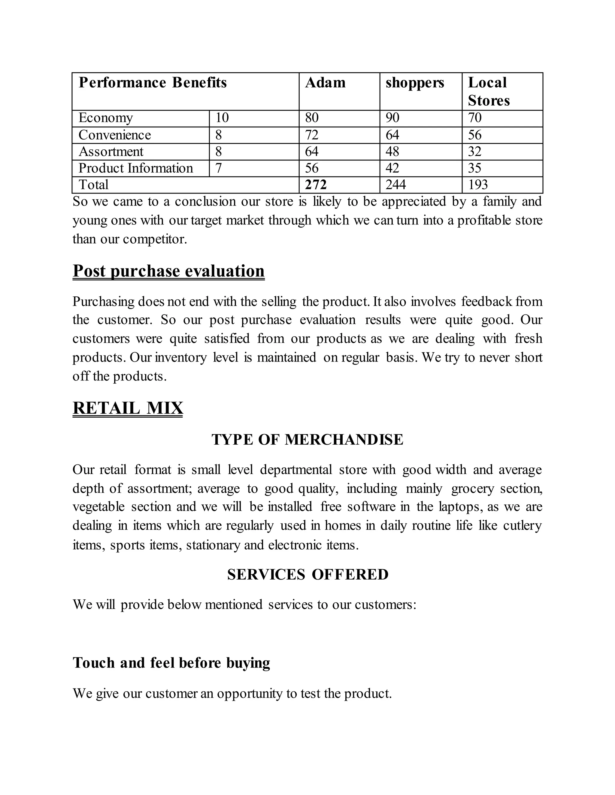 Performance Benefits Adam shoppers Local
Stores
Economy 10 80 90 70
Convenience 8 72 64 56
Assortment 8 64 48 32
Product Information 7 56 42 35
Total 272 244 193
So we came to a conclusion our store is likely to be appreciated by a family and
young ones with our target market through which we can turn into a profitable store
than our competitor.
Post purchase evaluation
Purchasing does not end with the selling the product. It also involves feedback from
the customer. So our post purchase evaluation results were quite good. Our
customers were quite satisfied from our products as we are dealing with fresh
products. Our inventory level is maintained on regular basis. We try to never short
off the products.
RETAIL MIX
TYPE OF MERCHANDISE
Our retail format is small level departmental store with good width and average
depth of assortment; average to good quality, including mainly grocery section,
vegetable section and we will be installed free software in the laptops, as we are
dealing in items which are regularly used in homes in daily routine life like cutlery
items, sports items, stationary and electronic items.
SERVICES OFFERED
We will provide below mentioned services to our customers:
Touch and feel before buying
We give our customer an opportunity to test the product.
 