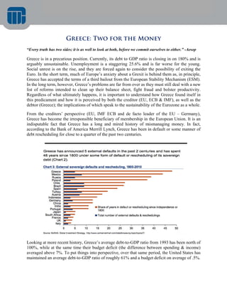  
“Every tru
Greece is
arguably
Social un
Euro. In
Greece h
In the lon
list of re
Regardle
this pred
debtor (G
From the
Greece h
indisputa
according
debt resc
Looking
100%, w
averaged
maintain
uth has two s
s in a precar
unsustainab
nrest is on t
the short ter
has accepted
ng term, how
eforms inten
ess of what u
dicament and
Greece); the
e creditors’
has become t
able fact tha
g to the Ban
cheduling for
at more rece
while at the s
d above 7%.
ed an averag
Greec
sides; it is as
rious positio
ble. Unempl
he rise, and
rm, much of
the terms of
wever, Greec
nded to clea
ultimately ha
d how it is p
implications
perspective
the irrespons
at Greece h
nk of Americ
r close to a q
ent history, G
same time th
To put thing
ge debt-to-G
ce: Two
well to look a
on. Currently
loyment is a
d they are fo
f Europe’s an
f a third bail
ce’s problem
an up their b
appens, it is
perceived by
s of which sp
(EU, IMF
sible benefic
as a long a
ca Merrill Ly
quarter of the
Greece’s ave
heir budget
gs into persp
GDP ratio of r
o for t
at both, befor
y, its debt to
a staggering
orced again t
nxiety about
lout from th
ms are far fro
balance she
important t
both the cre
peak to the s
ECB and d
ciary of mem
and mired h
ynch, Greec
e past two ce
erage debt-to
deficit (the
pective, over
roughly 61%
the Mo
re we commit
o GDP ratio
g 25.6% and
to consider
t a Grexit is
e European
om over as th
et, fight fra
to understand
editor (EU,
sustainability
de facto lea
mbership in
history of m
ce has been i
enturies.
o-GDP ratio
difference b
r that same p
% and a budg
oney
t ourselves to
is closing in
d is far wors
the possibili
behind them
Stability Me
hey must stil
aud and bols
d how Gree
ECB & IMF
y of the Euro
ader of the E
the Europea
mismanaging
in default or
from 1993 h
between spen
period, the U
get deficit on
either.” -Aes
n on 180% a
se for the yo
ity of exitin
m as, in princ
echanism (E
ll deal with a
ster product
ce found its
F), as well a
ozone as a w
EU – Germ
an Union. It
money. In
r some mann
has been nor
nding & inc
United State
n average of
sop
and is
oung.
ng the
ciple,
ESM).
a new
tivity.
elf in
as the
whole.
many),
is an
fact,
ner of
rth of
come)
es has
f .5%.
 