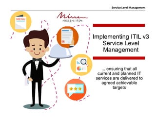 Service Level Management
Implementing ITIL v3
Service Level
Management
... ensuring that all
current and planned IT
services are delivered to
agreed achievable
targets
 
