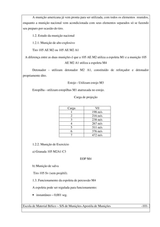 Escola de Material Bélico – S/S de Munições-Apostila de Munições -101-
A munição americana já vem pronta para ser utilizada, com todos os elementos reunidos,
enquanto a munição nacional vem acondicionada com seus elementos separados só se fazendo
seu preparo por ocasião do tiro.
1.2. Estudo da munição nacional
1.2.1. Munição de alto explosivo
Tiro 105 AE M2 ou 105 AE M2 A1
A diferença entre as duas munições é que a 105 AE M2 utiliza a espoleta M1 e a munição 105
AE M2 A1 utiliza a espoleta M4
Detonador - utilizam detonador M2 A1, constituído de reforçador e detonador
propriamente dito.
Estojo - Utilizam estojo M3
Estopilha - utilizam estopilhas M1 atarraxada no estojo.
Carga de projeção
Carga V0
1 198 m/s
2 216 m/s
3 238 m/s
4 267 m/s
5 311 m/s
6 376 m/s
7 472 m/s
1.2.2. Munição de Exercício
a) Granada 105 M2A1 C3
EOP M4
b) Munição de salva
Tiro 105 Sv (sem projétil).
1.3. Funcionamento da espoleta de percussão M4
A espoleta pode ser regulada para funcionamento:
• instantâneo – 0,001 seg.
 