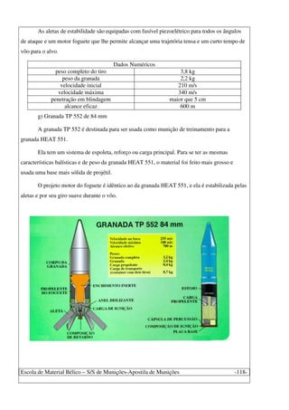 Escola de Material Bélico – S/S de Munições-Apostila de Munições -118-
As aletas de estabilidade são equipadas com fusível piezoelétrico para todos os ângulos
de ataque e um motor foguete que lhe permite alcançar uma trajetória tensa e um curto tempo de
vôo para o alvo.
Dados Numéricos
peso completo do tiro 3,8 kg
peso da granada 2,2 kg
velocidade inicial 210 m/s
velocidade máxima 340 m/s
penetração em blindagem maior que 5 cm
alcance eficaz 600 m
g) Granada TP 552 de 84 mm
A granada TP 552 é destinada para ser usada como munição de treinamento para a
granada HEAT 551.
Ela tem um sistema de espoleta, reforço ou carga principal. Para se ter as mesmas
características balísticas e de peso da granada HEAT 551, o material foi feito mais grosso e
usada uma base mais sólida de projétil.
O projeto motor do foguete é idêntico ao da granada HEAT 551, e ela é estabilizada pelas
aletas e por seu giro suave durante o vôo.
 