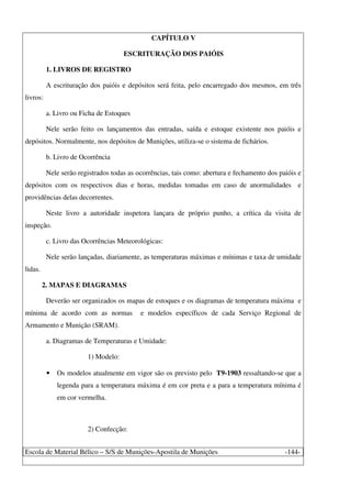 Escola de Material Bélico – S/S de Munições-Apostila de Munições -144-
CAPÍTULO V
ESCRITURAÇÃO DOS PAIÓIS
1. LIVROS DE REGISTRO
A escrituração dos paióis e depósitos será feita, pelo encarregado dos mesmos, em três
livros:
a. Livro ou Ficha de Estoques
Nele serão feito os lançamentos das entradas, saída e estoque existente nos paióis e
depósitos. Normalmente, nos depósitos de Munições, utiliza-se o sistema de fichários.
b. Livro de Ocorrência
Nele serão registrados todas as ocorrências, tais como: abertura e fechamento dos paióis e
depósitos com os respectivos dias e horas, medidas tomadas em caso de anormalidades e
providências delas decorrentes.
Neste livro a autoridade inspetora lançara de próprio punho, a crítica da visita de
inspeção.
c. Livro das Ocorrências Meteorológicas:
Nele serão lançadas, diariamente, as temperaturas máximas e mínimas e taxa de umidade
lidas.
2. MAPAS E DIAGRAMAS
Deverão ser organizados os mapas de estoques e os diagramas de temperatura máxima e
mínima de acordo com as normas e modelos específicos de cada Serviço Regional de
Armamento e Munição (SRAM).
a. Diagramas de Temperaturas e Umidade:
1) Modelo:
• Os modelos atualmente em vigor são os previsto pelo T9-1903 ressaltando-se que a
legenda para a temperatura máxima é em cor preta e a para a temperatura mínima é
em cor vermelha.
2) Confecção:
 