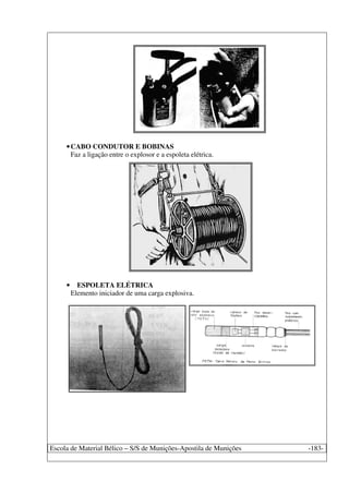 Escola de Material Bélico – S/S de Munições-Apostila de Munições -183-
•CABO CONDUTOR E BOBINAS
Faz a ligação entre o explosor e a espoleta elétrica.
• ESPOLETA ELÉTRICA
Elemento iniciador de uma carga explosiva.
 