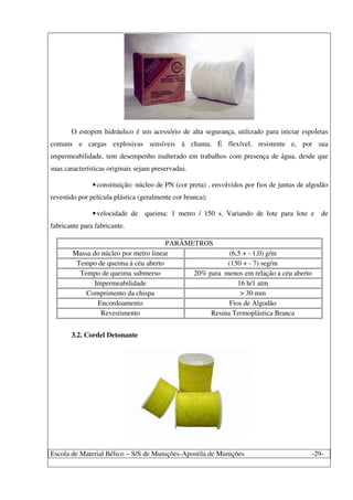 Escola de Material Bélico – S/S de Munições-Apostila de Munições -29-
O estopim hidráulico é um acessório de alta segurança, utilizado para iniciar espoletas
comuns e cargas explosivas sensíveis à chama. É flexível, resistente e, por sua
impermeabilidade, tem desempenho inalterado em trabalhos com presença de água, desde que
suas características originais sejam preservadas.
•constituição: núcleo de PN (cor preta) , envolvidos por fios de juntas de algodão
revestido por película plástica (geralmente cor branca);
•velocidade de queima: 1 metro / 150 s. Variando de lote para lote e de
fabricante para fabricante.
PARÂMETROS
Massa do núcleo por metro linear (6,5 + - 1,0) g/m
Tempo de queima à céu aberto (150 + - 7) seg/m
Tempo de queima submerso 20% para menos em relação a céu aberto
Impermeabilidade 16 h/1 atm
Comprimento da chispa > 30 mm
Encordoamento Fios de Algodão
Revestimento Resina Termoplástica Branca
3.2. Cordel Detonante
 