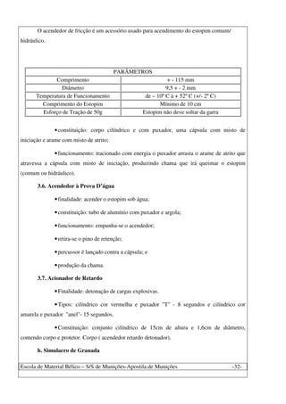 Escola de Material Bélico – S/S de Munições-Apostila de Munições -32-
O acendedor de fricção é um acessório usado para acendimento do estopim comum/
hidráulico.
PARÂMETROS
Comprimento + - 115 mm
Diâmetro 9,5 + - 2 mm
Temperatura de Funcionamento de – 10º C à + 52º C (+/- 2º C)
Comprimento do Estopim Mínimo de 10 cm
Esforço de Tração de 50g Estopim não deve soltar da garra
•constituição: corpo cilíndrico e com puxador, uma cápsula com misto de
iniciação e arame com misto de atrito;
•funcionamento: tracionado com energia o puxador arrasta o arame de atrito que
atravessa a cápsula com misto de iniciação, produzindo chama que irá queimar o estopim
(comum ou hidráulico).
3.6. Acendedor à Prova D’água
•finalidade: acender o estopim sob água;
•constituição: tubo de alumínio com puxador e argola;
•funcionamento: empunha-se o acendedor;
•retira-se o pino de retenção;
•percussor é lançado contra a cápsula; e
•produção da chama.
3.7. Acionador de Retardo
•Finalidade: detonação de cargas explosivas.
•Tipos: cilíndrico cor vermelha e puxador "T" - 8 segundos e cilíndrico cor
amarela e puxador "anel"- 15 segundos.
•Constituição: conjunto cilíndrico de 15cm de altura e 1,6cm de diâmetro,
contendo corpo e protetor. Corpo ( acendedor retardo detonador).
h. Simulacro de Granada
 