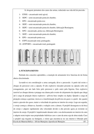Escola de Material Bélico – S/S de Munições-Apostila de Munições -47-
b) desgaste prematuro dos canos das armas, reduzindo sua vida útil de precisão.
1- ETOG – encamisado total ogival;
2- SEPC – semi-encamisado ponta de chumbo;
3- EPO – encamisado ponta-oca;
4- SEPC – semi-encamisado ponta de chumbo;
5- SEPC – semi-encamisado ponta de chumbo, fabricação Remington;
6- EPO – encamisado, ponta oca, fabricação Remington;
7- SEPC – semi-encamisado ponta de chumbo;
8- EPO – encamisado ponta-oca;
9- ETPT-encamisado total, pontiagudo;
10- (ETPT/BT) – encamisado total, pontiagudo
6. FUNCIONAMENTO
Partindo dos conceitos aprendidos, a munição de armamento leve funciona de da forma
abaixo discriminada.
Levando-se em consideração a arma carregada, dá-se a percussão. A partir daí existe o
choque do percussor com a cápsula. O alto explosivo iniciador presente na cápsula sofre um
esmagamento, por um lado feito pelo percussor e pelo outro pela bigorna. Este explosivo
sensível ao choque detona e propaga sua chama pelo evento do alojamento da cápsula que chega
até à carga de projeção (baixo explosivo - pólvora base simples ou dupla). Quando a carga de
projeção começa a queimar, inicia-se a transformação da pólvora em gases e a partir daí, quanto
maior a pressão dos gases, maior a velocidade de queima no interior do estojo. Logo em seguida,
o estojo começa a dilatar-se, fazendo a vedação com a câmara. O projétil desengasta-se da boca
do estojo e adquire rapidamente alta velocidade devido à alta pressão agora já existente no
interior do estojo. O projétil é impulsionado durante todo o seu deslocamento no interior do cano
e adquire neste trajeto suas propriedades balísticas caso o cano da arma seja de alma raiada. Caso
o projétil seja traçante ou fumígeno, o misto que encontra-se no seu interior é liberado pelo
 