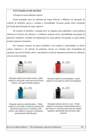 Escola de Material Bélico – S/S de Munições-Apostila de Munições -50-
1.4.2 Granadas de mão não-letais
a) Explosivas para ambientes abertos
Foram projetadas para ser utilizada por tropas Policiais e Militares em operações de
controle de distúrbios graves e combate à criminalidade. Possuem grande efeito atordoante
provocado pela detonação da carga explosiva.
No controle de distúrbios a granada deve ser lançadas para explodirem a uma distância
mínima de 10 metros dos infratores. A distâncias menores existe a possibilidade de projeção de
partículas irregulares, oriundas da fragmentação do corpo plástico da granada, as quais podem
produzir pequenos ferimentos.
Em situações extremas, de graves distúrbios e de combate à criminalidade, os efeitos
sonoro, explosivo e de emissão de partículas, devem ser avaliados pelo Comandante da
operação, que deverá decidir sobre a conveniência ou não do lançamento próximo aos infratores
e/ou em recinto fechado.
Granada explosiva de efeito moral - poder
explosivo associado a uma nuvem de um pó
branco, sem agressividade química.
Granada explosiva lacrimogênea – poder
explosivo associado ao efeito lacrimogêneo.
Granada explosiva identificadora - Poder
explosivo associado ao efeito da emissão de
partículas de gel na cor vermelha e não
tóxico, cujo objetivo é marcar os infratores
para posterior identificação.
Granada explosiva de luz e som – Poder
explosivo associado à luminosidade intensa
que ofusca a visão dos agressores por alguns
segundos, permitindo uma eficiente ação
policial.
 