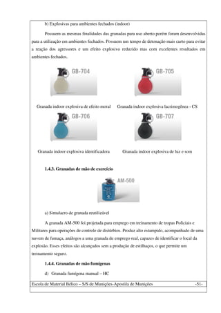 Escola de Material Bélico – S/S de Munições-Apostila de Munições -51-
b) Explosivas para ambientes fechados (indoor)
Possuem as mesmas finalidades das granadas para uso aberto porém foram desenvolvidas
para a utilização em ambientes fechados. Possuem um tempo de detonação mais curto para evitar
a reação dos agressores e um efeito explosivo reduzido mas com excelentes resultados em
ambientes fechados.
Granada indoor explosiva de efeito moral Granada indoor explosiva lacrimogênea - CS
Granada indoor explosiva identificadora Granada indoor explosiva de luz e som
1.4.3. Granadas de mão de exercício
a) Simulacro de granada reutilizável
A granada AM-500 foi projetada para emprego em treinamento de tropas Policiais e
Militares para operações de controle de distúrbios. Produz alto estampido, acompanhado de uma
nuvem de fumaça, análogos a uma granada de emprego real, capazes de identificar o local da
explosão. Esses efeitos são alcançados sem a produção de estilhaços, o que permite um
treinamento seguro.
1.4.4. Granadas de mão fumígenas
d) Granada fumígena manual – HC
 