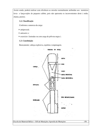 Escola de Material Bélico – S/S de Munições-Apostila de Munições -59-
Assim sendo, poderá realizar com eficiência as missões normalmente atribuídas aos morteiros
leves e lança-rojões de pequeno calibre, pois não apresenta os inconvenientes deste ( ruído,
chama, poeira).
1.2. Classificação
Conforme a natureza da carga:
• antipessoal;
• anticarro; e
• exercício ( lastradas ou com carga de pólvora negra ).
1.3. Constituição
Basicamente: cabeça explosiva, espoleta e empenagem.
 