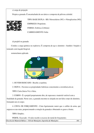 Escola de Material Bélico – S/S de Munições-Apostila de Munições -66-
c) carga de projeção
Projeta a granada. É encartuchada de uso único e composta de pólvora coloidal.
TIPO: BASE DUPLA - BD: Nitrocelulose (NC) + Nitroglicerina (NG).
EMPREGO: Propelente.
FORMA: Esférica (2,84mm)
CARREGAMENTO: Solta
d) projétil ou granada
Conduz a carga química ou explosiva. É composta de aço e alumínio - fundido / forjado e
torneado com traçado biogival.
nomenclatura aplicada
1. OUVIDO ROSCADO - Recebe a espoleta;
2. OGIVA - Favorece as propriedades balísticas concernentes a resistência do ar;
TIPO: Curta (baixa Vo) e falsa;
3. CORPO - É o projetil propriamente dito, de espessura e material variável com a
finalidade da granada. Neste caso, a granada encontra-se alojada em um falso corpo de alumínio,
formando um só corpo;
4. CINTA DE FORÇAMENTO - Cinta ligeiramente maior que o calibre da arma, que
engraza-se nas raias, proporcionando a rotação da granada e obturando os gases a frente;
TIPO: Simples;
PERFIL: Escavado - O sulco recebe o excesso de metal do forçamento;
 