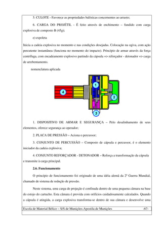 Escola de Material Bélico – S/S de Munições-Apostila de Munições -67-
5. CULOTE - Favorece as propriedades balísticas concernentes ao arrasto;
6. CARGA DO PROJÉTIL - É feito através de enchimento – fundido com carga
explosiva de composto B (45g);
e) espoleta
Inicia a cadeia explosiva no momento e nas condições desejadas. Colocação na ogiva, com ação
percutente instantânea (funciona no momento do impacto). Princípio de armar através da força
centrífuga, com encadeamento explosivo partindo da cápsula => reforçador - detonador => carga
de arrebentamento.
nomenclatura aplicada
1. DISPOSITIVO DE ARMAR E SEGURANÇA – Pelo desalinhamento de seus
elementos, oferece segurança ao operador;
2. PLACA DE PRESSÃO – Aciona o percussor;
3. CONJUNTO DE PERCUSSÃO – Composto de cápsula e percussor, é o elemento
iniciador da cadeia explosiva;
4. CONJUNTO REFORÇADOR - DETONADOR – Reforça a transformação da cápsula
e transmite à carga principal.
2.6. Funcionamento
O princípio de funcionamento foi originado de uma idéia alemã da 2º Guerra Mundial,
chamado de sistema de redução de pressão.
Neste sistema, uma carga de projeção é confinada dentro de uma pequena câmara na base
do estojo do cartucho. Esta câmara é provida com orifícios cuidadosamente calculados. Quando
a cápsula é atingida, a carga explosiva transforma-se dentro de sua câmara e desenvolve uma
 