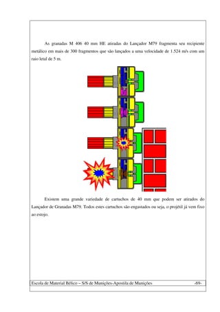 Escola de Material Bélico – S/S de Munições-Apostila de Munições -69-
As granadas M 406 40 mm HE atiradas do Lançador M79 fragmenta seu recipiente
metálico em mais de 300 fragmentos que são lançados a uma velocidade de 1.524 m/s com um
raio letal de 5 m.
Existem uma grande variedade de cartuchos de 40 mm que podem ser atirados do
Lançador de Granadas M79. Todos estes cartuchos são engastados ou seja, o projétil já vem fixo
ao estojo.
 