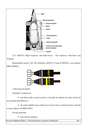Escola de Material Bélico – S/S de Munições-Apostila de Munições -90-
2.2.3. HEAT-T (High Explosive Anti-Tank-Tracer - Alto Explosivo Anti-Carro com
Traçante)
Denominação técnica: Tiro 105 milímetros, HEAT-T, Comp. B M456A1, com espoleta,
PIBD, M509A1.
c) Descrição do projétil
O projétil é composto de:
• uma haste tendo na parte anterior a iniciação da espoleta de culote através de
um elemento piézoelétrico; e
• um corpo cilíndrico que contém um cone de cobre ao redor do qual é colocado
a carga explosiva (CARGA OCA)
O corpo apresenta:
• uma cinta de turgência;
 