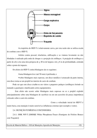 Escola de Material Bélico – S/S de Munições-Apostila de Munições -92-
•a trajetória do HEP-T é relativamente curva, por esta razão não se utiliza escala
de combate com o HEP-T;
•efeito contra pessoal, trincheiras, edificações e as viaturas levemente ou não
blindadas é realizado pela onda de choque e a projeção de estilhaços. A projeção de estilhaços a
partir do alvo cria uma área perigosa de + 40 m de largura e de + 8 m de profundidade, centrada
sobre o ponto de impacto.
Os efeitos do HEP-T contra blindagem são os seguintes:
•uma blindagem leve (até 50 mm) é perfurada; e
•sobre blindagens mais espessas, um disco metálico é arrancado da parte interna,
este disco torna-se um projétil no interior do carro de combate.
Pode ser que este disco cisalhe-se em vários e pequenos pedaços (estilhaços) ferindo ou
matando a guarnição e danificando certos equipamentos.
Este efeito não ocorre sobre blindagens mais espessas ou se o projétil explodir
antecipadamente sobre uma blindagem de sacrifício ou em um acessório de pouca importância
colocado sobre o carro de combate.
Como a velocidade inicial do HEP-T é
muito baixa, esta munição é muito sensível as influências externas (por exemplo o vento).
2.4. MUNIÇÃO FUMÍGENA E INCENDIÁRIA
2.4.1. SMK WP-T [SMOKE White Phosphorus-Tracer (Fumígeno de Fósforo Branco
com Traçante)]
 