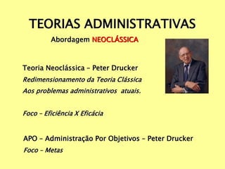 TEORIAS ADMINISTRATIVAS
Abordagem NEOCLÁSSICA
Teoria Neoclássica – Peter Drucker
Redimensionamento da Teoria Clássica
Aos problemas administrativos atuais.
Foco – Eficiência X Eficácia
APO – Administração Por Objetivos – Peter Drucker
Foco – Metas
 