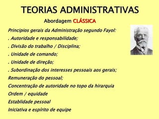 TEORIAS ADMINISTRATIVAS
Abordagem CLÁSSICA
Principios gerais da Administração segundo Fayol:
. Autoridade e responsabilidade;
. Divisão do trabalho / Disciplina;
. Unidade de comando;
. Unidade de direção;
. Subordinação dos interesses pessoais aos gerais;
Remuneração do pessoal;
Concentração de autoridade no topo da hirarquia
Ordem / equidade
Establidade pessoal
Iniciativa e espírito de equipe
 