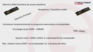 Memória RAM (memória de acesso aleatório)
Tecnologia atual: DDR5 – SDRAM
Temporária / Transitória volátil
Armazenar temporariamente os programas executados no computador
Quanto maior a RAM, melhor é o desempenho do computador
Obs.: Existem outras RAM’s no computador. Ex: a da placa de vídeo
 