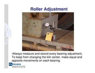 •Always measure and record every bearing adjustment.
To keep from changing the kiln center, make equal and
opposite movements on each bearing.
Roller Adjustment
Roller Adjustment
 