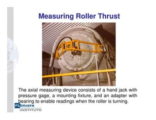 The axial measuring device consists of a hand jack with
pressure gage, a mounting fixture, and an adapter with
bearing to enable readings when the roller is turning.
Measuring Roller Thrust
Measuring Roller Thrust
 