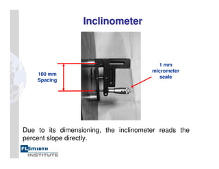 Inclinometer
Inclinometer
100 mm
Spacing
1 mm
micrometer
scale
Due to its dimensioning, the inclinometer reads the
percent slope directly.
 