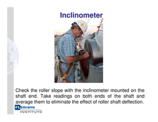 Inclinometer
Inclinometer
Check the roller slope with the inclinometer mounted on the
shaft end. Take readings on both ends of the shaft and
average them to eliminate the effect of roller shaft deflection.
 