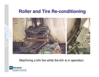 Roller and Tire Re
Roller and Tire Re-
-conditioning
conditioning
Machining a kiln tire while the kiln is in operation.
 