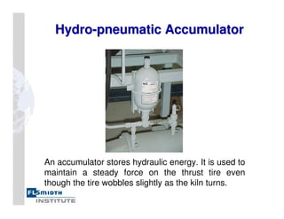 Hydro
Hydro-
-pneumatic Accumulator
pneumatic Accumulator
An accumulator stores hydraulic energy. It is used to
maintain a steady force on the thrust tire even
though the tire wobbles slightly as the kiln turns.
 