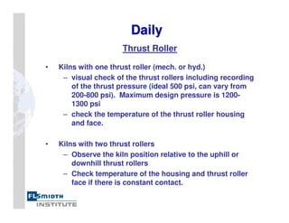 Daily
Daily
Thrust Roller
• Kilns with one thrust roller (mech. or hyd.)
– visual check of the thrust rollers including recording
of the thrust pressure (ideal 500 psi, can vary from
200-800 psi). Maximum design pressure is 1200-
1300 psi
– check the temperature of the thrust roller housing
and face.
• Kilns with two thrust rollers
– Observe the kiln position relative to the uphill or
downhill thrust rollers
– Check temperature of the housing and thrust roller
face if there is constant contact.
 