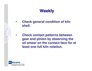 • Check general condition of kiln
shell.
• Check contact patterns between
gear and pinion by observing the
oil smear on the contact face for at
least one full kiln rotation.
Weekly
Weekly
 