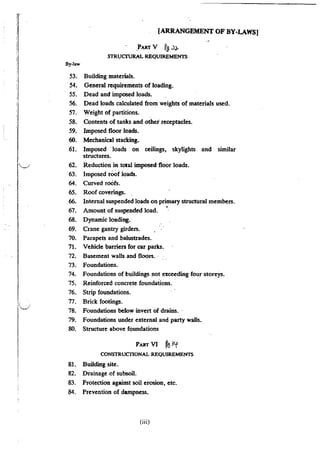 [ARRANGEMENT OF BY-LAWS]
PART V ~g .l;,..
STRUCi11JRAL ·REQUIREMENTS
By-law
53. Building materials.
54. General requirements of loading.
55. Dead and imposed loads.
56. Dead loads calculated from weights of materials used.
57. Weight of partitions.
58. Contents of tariks and other receptacles.
59. Imposed floor loads.
60. Mechanical stacking.
61. Imposed ·loads on ceilings, skylights and similar
structures.
62. Reduction in total imposed floor loads.
63. Imposed roof loads.
64. Curved roOfs.
65. Roof coverings.
66. Internal suspended loads on primary structural members.
67. Amount of suspended load.
68. Dynamic loading.
69. Crane gantry girders.
70. Parapets and balustrades.
71. Vehicle barriers for car parks.
72. Basement walls and floors..
73. Foundations.
74. Foundations of buildings not exceeding four storeys.
75. Reinforced concrete foundations.
76. Strip foundations.
77. Brick footings.
78. Foundations below invert of drains. ·
79. Foundations under external and party walls.
80. Structure above foundations
PART VI fe llf
CONSTRUCTIONAL REQUIREMENTS
81. Building site.
82. Drainage of subsoil.
83. Protection against soil erosion, etc.
84. Prevention of dampness.
(iii)
 