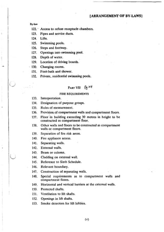 •.
{ J
'-./
( .
u
[ARRANGEMENT OF BY-LAWS}
By·law
122. · Access to refuse receptacle chambers.
123. Pipes and service ducts.
124. Lifts.
125. Swimming pools.
126. Steps and footway.
127. Openings into swimming pool.
128. Depth of water,
129. Location of driving boards.
130. Changing rooms.
131. Foot-bath and shower.
132. Private, residential swimming pools.
133.
134.
135.
136.
137.
138.
139.
140.
141.
142.
143.
144.
145.
146.
147.
148.
149.
150.
151.
152.
153.
PART VII ff1 )1.*
FIRE REQUIREMENTS
Interpretation.
Designation of purpose groups.
Rules of.measurement.
Provision.of compartment walls and compartment floors.
Floor··in building exceeding 30 metres in height to be
constructed as compartment floor.
Other walls and floors to be constructed as compartment
walls or compartment floors.
Separation of fire risk areas.
Fire appliance access.
Separating walls.
External walls.
Beam or column.
Cladding on external wall.
Reference to Sixth Schedule.
Relevant boundary.
Construction of separating walls.
Special requirements as to compartment walls and
compartment floors.
Horizontal and vertical barriers at the external walls.
Protected shafts.
Ventilation to lift shafts.
Openings in lift Shafts.
Smoke detectors for lift lobbies.
(v)
 