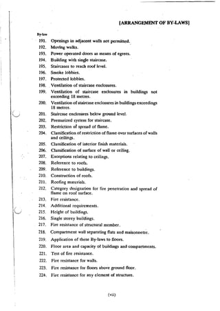 [ARRANGEMENT OF BY-LAWS)
By-law
191. Openings in adjacent walls not permitted._
192. Moving walks.
193. Power operated doors as means of egrees.
194. Building with single staircase.
195. Staircases to reach roof level.
196. Smoke lobbies.
197. Protected lobbies.
198. . Ventilation of staircase enclosures.
199. Ventilation of staircase enclosures in buildings not
exceeding 18 metres.
200. Ventilation ofstai"case enclosures in buildings exceedings
18 metres.
( '
V 201. Staircase enclosures below ground level.
202. Pressurized system for staircase.
203. Restriction ot spread of flame.
204. Classification of restriction of flame over surfaces of walls
and ceilings.
205. Classification of interior finish materials.
206. Classification of surface of wall or ceiling.
207. Exceptions relating to ceilings.
208. Reference to roofs.
209. Reference to buildings.
210. Construction of roofs.
211. Roofing materials.
212. Category designation for fire penetration and spread of
flame on roof surface.
213. Fire resistance.
214. Additional requirements.
215. Height of buildings.
216. Single storey buildings.
217. Fire resistance of structural member.
218. Compartment wall separating flats and maisonnett~.
219. Application of these By-laws to floors.
220. Floor area and capacity of buildings and compartments.
221. Test of fire resistance.
222. Fire resistance for walls.
223. Fire resistance for filoors above ground floor.
224. Fire resistance for any element of structure.
(vii)
 