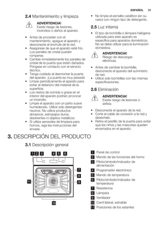 2.4 Mantenimiento y limpieza
ADVERTENCIA!
Existe riesgo de lesiones,
incendios o daños al aparato.
• Antes de proceder con el
mantenimiento, apague el aparato y
desconecte el enchufe de la red.
• Asegúrese de que el aparato esté frío.
Los paneles de cristal pueden
romperse.
• Cambie inmediatamente los paneles de
cristal de la puerta que estén dañados.
Póngase en contacto con el servicio
técnico.
• Tenga cuidado al desmontar la puerta
del aparato. ¡La puerta es muy pesada!
• Limpie periódicamente el aparato para
evitar el deterioro del material de la
superficie.
• Los restos de comida o grasa en el
interior del aparato podrían provocar
un incendio.
• Limpie el aparato con un paño suave
humedecido. Utilice solo detergentes
neutros. No utilice productos
abrasivos, estropajos duros,
disolventes ni objetos metálicos.
• Si utiliza aerosoles de limpieza para
hornos, siga las instrucciones del
envase.
• No limpie el esmalte catalítico (en su
caso) con ningún tipo de detergente.
2.5 Luz interna
• El tipo de bombilla o lámpara halógena
utilizada para este aparato es
específica para aparatos domésticos.
No se debe utilizar para la iluminación
doméstica.
ADVERTENCIA!
Riesgo de descargas
eléctricas.
• Antes de cambiar la bombilla,
desconecte el aparato del suministro
de red.
• Utilice solo bombillas con las mismas
especificaciones.
2.6 Eliminación
ADVERTENCIA!
Existe riesgo de lesiones o
asfixia.
• Desconecte el aparato de la red.
• Corte el cable de conexión a la red y
deséchelo.
• Retire el pestillo de la puerta para evitar
que los niños y las mascotas queden
encerrados en el aparato.
3. DESCRIPCIÓN DEL PRODUCTO
3.1 Descripción general
8
7
11 9
10
5
4
1
2
3
31 64 52 1 Panel de control
2 Mando de las funciones del horno
3 Piloto/símbolo/indicador de
alimentación
4 Programador electrónico
5 Mando de temperatura
6 Piloto/símbolo/indicador de
temperatura
7 Resistencia
8 Lámpara
9 Ventilador
10 Carril lateral, extraíble
11 Posiciones de los estantes
ESPAÑOL 31
 