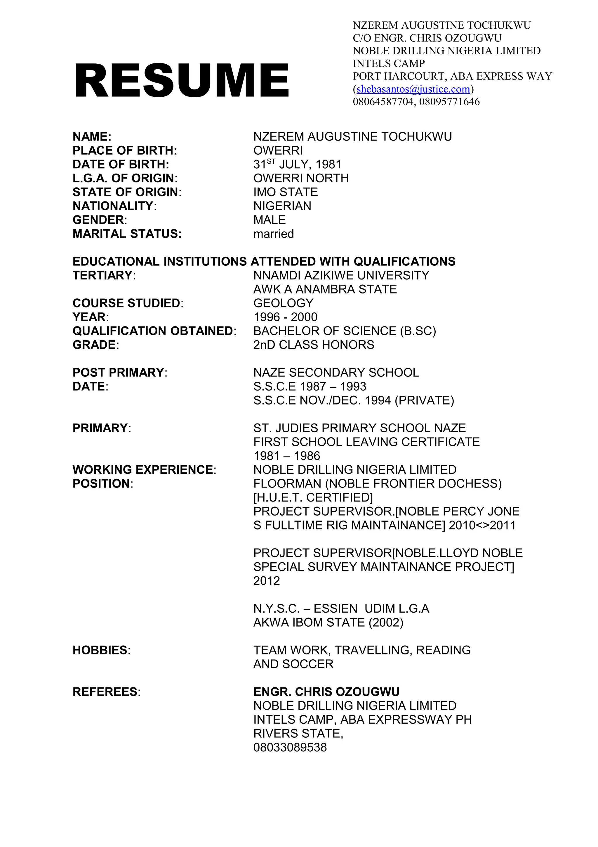 CV tochukwu nzerem (1) | PDF | Free Download