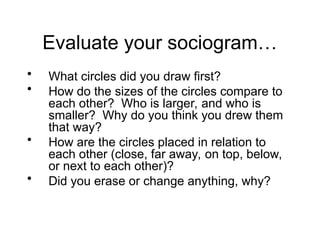 Evaluate your sociogram…
• What circles did you draw first?
• How do the sizes of the circles compare to
each other? Who is larger, and who is
smaller? Why do you think you drew them
that way?
• How are the circles placed in relation to
each other (close, far away, on top, below,
or next to each other)?
• Did you erase or change anything, why?
 
