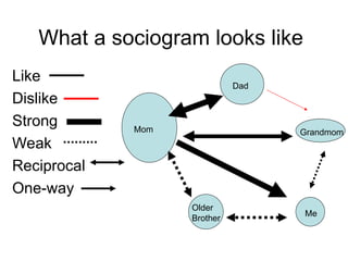 What a sociogram looks like
Like
Dislike
Strong
Weak
Reciprocal
One-way
Mom Grandmom
Me
Dad
Older
Brother
 