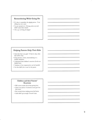 Remembering While Going On
.   It's okay to temember the whole person. Yorx
    sibling was not a saint
.   You are special too! (Closing circle, say each
    child's name three timesl)
.   Ok to go on living, be happy!




Helping Parents Help Their Kids
.   Deal with their own grief:    If they're   okay, their
    kids will be okay.

'   Keep pictures, stories, memorializingto a
    healthy minirnum.
.   Understand their children's reactions (books are
    helptul here)
.   Tendency to be overprotective can be harmfirl
.   Not the child'iob to care for the parent




              Children and their Patents'
                         Reactions
    ,   Bill's mom wories about him getting hurt.
    '   Sherry was iealous of attention mom gave her
        litde sister.
    .   Ray   worried about making mom feel better.
    .   Sarah   didn't get enough of mom's time.




                                                             I
 