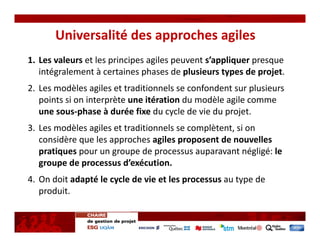 Universalité des approches agiles
1. Les valeurs et les principes agiles peuvent s’appliquer presque 
   intégralement à certaines phases de plusieurs types de projet. 
2. Les modèles agiles et traditionnels se confondent sur plusieurs 
   points si on interprète une itération du modèle agile comme 
   une sous‐phase à durée fixe du cycle de vie du projet. 
3. Les modèles agiles et traditionnels se complètent, si on 
   considère que les approches agiles proposent de nouvelles 
   pratiques pour un groupe de processus auparavant négligé: le 
   groupe de processus d’exécution.
4. On doit adapté le cycle de vie et les processus au type de 
   produit.
 