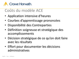 Audit | Tax | Advisory
Coûts du modèle ACE
• Application intensive d’heures
• Courbes d’apprentissage prononcées
• Disponibilité des Contreparties
• Définition soigneuse et stratégique des
accomplissements
• Décision stratégique de ce qu’on doit faire
avec les résultats
• Effort pour documenter les décisions
administratives
 