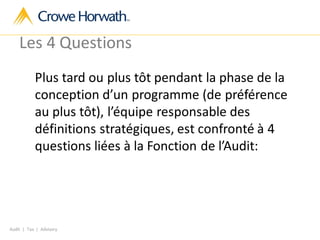 Audit | Tax | Advisory
Les 4 Questions
Plus tard ou plus tôt pendant la phase de la
conception d’un programme (de préférence
au plus tôt), l’équipe responsable des
définitions stratégiques, est confronté à 4
questions liées à la Fonction de l’Audit:
 