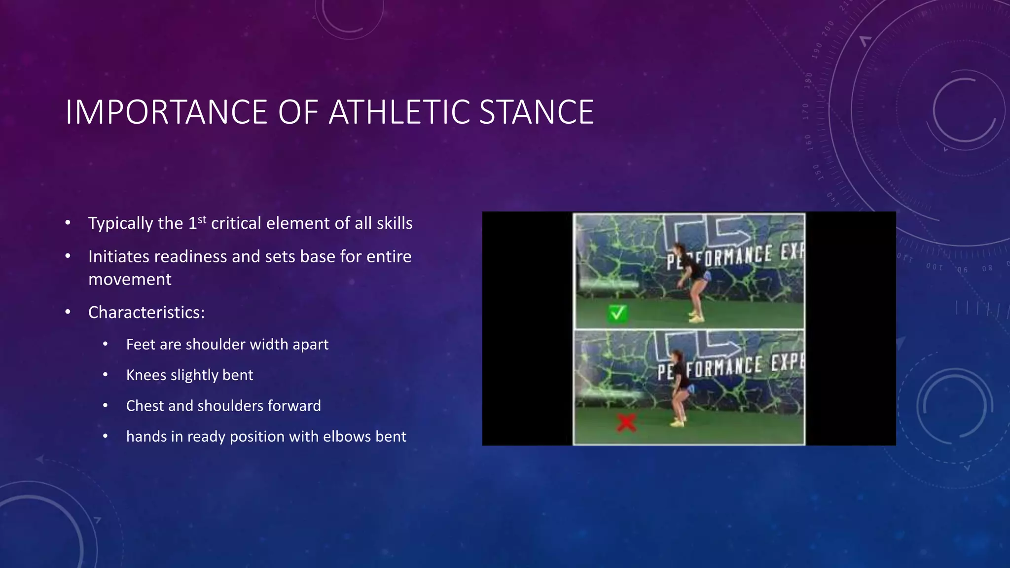 IMPORTANCE OF ATHLETIC STANCE
• Typically the 1st critical element of all skills
• Initiates readiness and sets base for entire
movement
• Characteristics:
• Feet are shoulder width apart
• Knees slightly bent
• Chest and shoulders forward
• hands in ready position with elbows bent
 