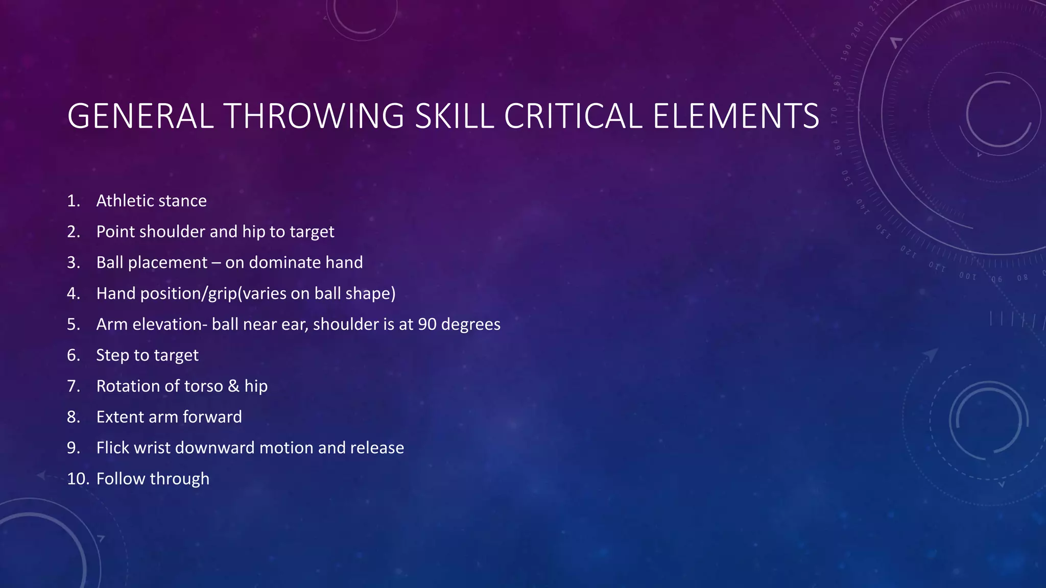 GENERAL THROWING SKILL CRITICAL ELEMENTS
1. Athletic stance
2. Point shoulder and hip to target
3. Ball placement – on dominate hand
4. Hand position/grip(varies on ball shape)
5. Arm elevation- ball near ear, shoulder is at 90 degrees
6. Step to target
7. Rotation of torso & hip
8. Extent arm forward
9. Flick wrist downward motion and release
10. Follow through
 