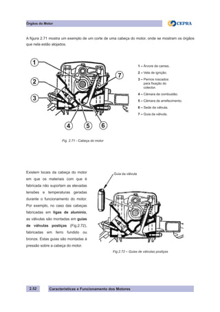 Características e Funcionamento dos Motores2.52
A figura 2.71 mostra um exemplo de um corte de uma cabeça do motor, onde se mostram os órgãos
que nela estão alojados.
Fig. 2.71 - Cabeça do motor
Órgãos do Motor
Existem locais da cabeça do motor
em que os materiais com que é
fabricada não suportam as elevadas
tensões e temperaturas geradas
durante o funcionamento do motor.
Por exemplo, no caso das cabeças
fabricadas em ligas de aluminio,
as válvulas são montadas em guias
de válvulas postiças (Fig.2.72),
fabricadas em ferro fundido ou
bronze. Estas guias são montadas à
pressão sobre a cabeça do motor.
1 – Árvore de cames.
2 – Vela de ignição.
3 – Pernos roscados
para fixação do
colector.
4 – Câmara de combustão.
5 – Câmara de arrefecimento.
6 – Sede da válvula.
7 – Guia da válvula.
Fig.2.72 – Guias de válvulas postiças
1
2
3
4 5 6
7
Guia da válvula
 