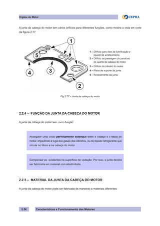 Características e Funcionamento dos Motores2.56
Órgãos do Motor
A junta da cabeça do motor tem vários orifícios para diferentes funções, como mostra a vista em corte
da figura 2.77.
2.2.4 – FUNÇÃO DA JUNTA DA CABEÇA DO MOTOR
A junta da cabeça do motor tem como função:
2.2.5 – MATERIAL DA JUNTA DA CABEÇA DO MOTOR
A junta da cabeça do motor pode ser fabricada de maneiras e materiais diferentes:
Fig.2.77 – Junta da cabeça do motor
Assegurar uma união perfeitamente estanque entre a cabeça e o bloco do
motor, impedindo a fuga dos gases dos cilindros, ou do liquido refrigerante que
circula no bloco e na cabeça do motor.
Compensar as existentes na superfície de vedação. Por isso, a junta deverá
ser fabricada em material com elasticidade.
1 – Orifício para óleo de lubrificação e
líquido de arrefecimento
2 – Orifício de passagem do parafuso
de aperto da cabeça do motor
3 – Orifício do cilindro do motor
4 – Placa de suporte da junta
5 – Revestimento da junta
1
2
34
5
 
