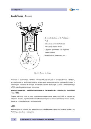 Características e Funcionamento dos Motores3.6
Ciclos Operativos
Quarto Tempo – Escape
Ao iniciar-se este tempo, o êmbolo está no PMI; as válvulas de escape abrem e o êmbolo,
ao deslocar-se no sentido ascendente, empurra os gases queimados, expulsando-os para o
exterior para o colector de escape, através das válvulas de escape. Quando o êmbolo alcança
o PMS, as válvulas de escape fecham-se.
No curso de escape, o êmbolo desloca-se do PMI ao PMS e a cambota gira outra meia
volta (180°).
Quando o êmbolo inicia de novo o movimento descendente, a partir do PMS, as válvulas de
admissão abrem e, repetem-se todas as fases anteriores da mesma forma e na mesma ordem,
enquanto o motor estiver em funcionamento.
NOTA:
Na realidade, as válvulas não abrem quando o êmbolo se encontra exactamente no PMS ou
PMI. O que acontece é o seguinte:
Fig.3.5 – Tempo de Escape
- O êmbolo desloca-se do PMI para o
PMS
- Válvula de admissão fechada.
- Válvula de escape aberta.
- Os gases queimados são espelidos
para o exterior.
- A cambota dá meia volta (180º).
 