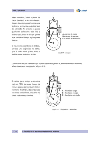 Características e Funcionamento dos Motores
Ciclos Operativos
3.12
Continuando a subir, o êmbolo tapa a janela de escape (janela B), terminando nesse momento
a fase de escape, como mostra a figura 3.12.
Neste momento, como a janela de
carga (janela A) se encontra tapada,
deixam de entrar gases frescos para
o cilindro, terminando portanto a fase
de admissão. No entanto os gases
queimados continuam a sair para o
exterior pela janela de escape (janela
B) e a arrastar consigo alguns gases
frescos.
O movimento ascendente do êmbolo,
provoca uma depressão no cárter,
que é tanto maior quanto mais o
êmbolo se vai afastando do PMI.
Fig.3.11 – Escape
A - Janela de carga
B - Janela de escape
C - Janela de admissão
À medida que o êmbolo se aproxima
mais do PMS, os gases frescos da
mistura gasosa (ar/combustível/óleo)
no interior do cilindro, vão sendo cada
vez mais comprimidos, enquanto no
cárter a depressão aumenta.
A - Janela de carga
B - Janela de escape
C - Janela de admissão
Fig.3.12 – Compressão + Admissão
C
B
A
A
B
C
 