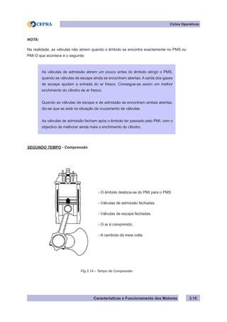 Características e Funcionamento dos Motores
Ciclos Operativos
3.15
NOTA:
Na realidade, as válvulas não abrem quando o êmbolo se encontra exactamente no PMS ou
PMI O que acontece é o seguinte:
SEGUNDO TEMPO - Compressão
- O êmbolo desloca-se do PMI para o PMS
- Válvulas de admissão fechadas.
- Válvulas de escape fechadas.
- O ar é comprimido.
- A cambota dá meia volta.
Fig.3.14 – Tempo de Compressão
As válvulas de admissão abrem um pouco antes do êmbolo atingir o PMS,
quando as válvulas de escape ainda se encontram abertas. A saída dos gases
de escape ajudam a entrada do ar fresco. Consegue-se assim um melhor
enchimento do cilindro de ar fresco.
Quando as válvulas de escape e de admissão se encontram ambas abertas,
diz-se que se está na situação de cruzamento de válvulas.
As válvulas de admissão fecham após o êmbolo ter passado pelo PMI, com o
objectivo de melhorar ainda mais o enchimento do cilindro.
 
