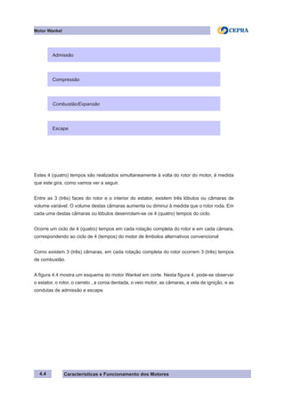 Características e Funcionamento dos Motores
Motor Wankel
4.4
Estes 4 (quatro) tempos são realizados simultaneamente à volta do rotor do motor, à medida
que este gira, como vamos ver a seguir.
Entre as 3 (três) faces do rotor e o interior do estator, existem três lóbulos ou câmaras de
volume variável. O volume destas câmaras aumenta ou diminui à medida que o rotor roda. Em
cada uma destas câmaras ou lóbulos desenrolam-se os 4 (quatro) tempos do ciclo.
Ocorre um ciclo de 4 (quatro) tempos em cada rotação completa do rotor e em cada câmara,
correspondendo ao ciclo de 4 (tempos) do motor de êmbolos alternativos convencional
Como existem 3 (três) câmaras, em cada rotação completa do rotor ocorrem 3 (três) tempos
de combustão.
A figura 4.4 mostra um esquema do motor Wankel em corte. Nesta figura 4. pode-se observar
o estator, o rotor, o carreto , a coroa dentada, o veio motor, as câmaras, a vela de ignição, e as
condutas de admissão e escape.
Admissão
Compressão
Combustão/Expansão
Escape
 